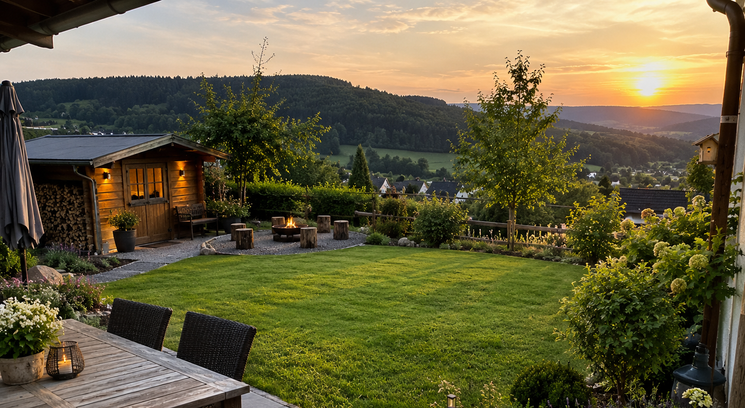 Gepflegter Garten im Sauerland bei Sonnenuntergang mit Holzhaus und Feuerstelle — Grüner Daumen Gartenpflege